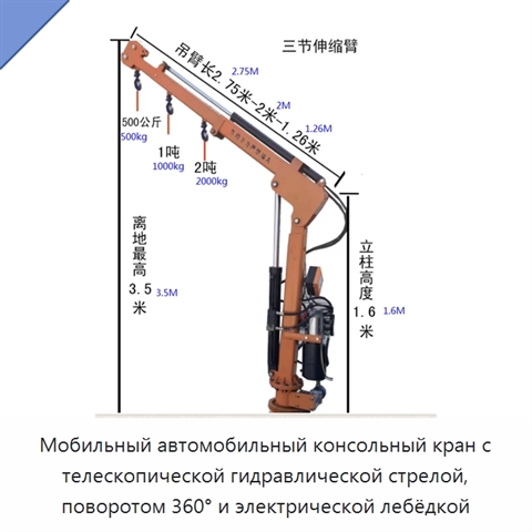Мобильный автомобильный консольный кран с телескопической гидравлической стрелой, поворотом 360° и электрической лебёдкой