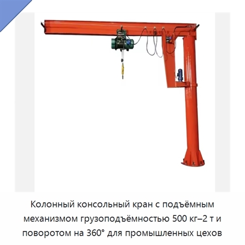 Колонный консольный кран с подъёмным механизмом грузоподъёмностью 500 кг–2 т и поворотом на 360° для промышленных цехов