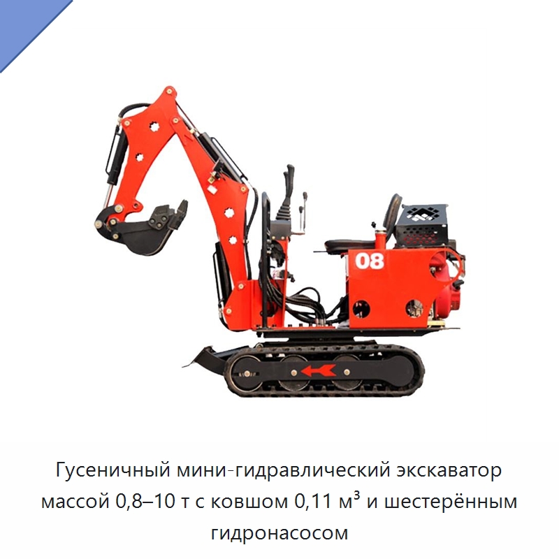 Гусеничный мини-гидравлический экскаватор массой 0,8–10 т с ковшом 0,11 м³ и шестерённым гидронасосом — Экскаваторы