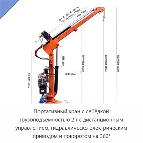 Портативный кран с лебёдкой грузоподъёмностью 2 т с дистанционным управлением, гидравлическо-электрическим приводом и поворотом на 360°