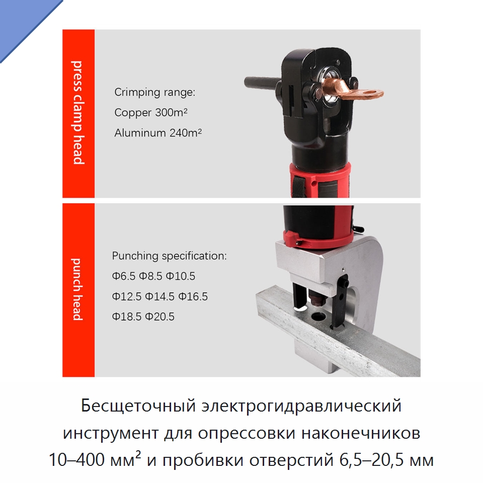Бесщеточный электрогидравлический инструмент для опрессовки наконечников 10–400 мм² и пробивки отверстий 6,5–20,5 мм — Прочие гидравлические инструменты
