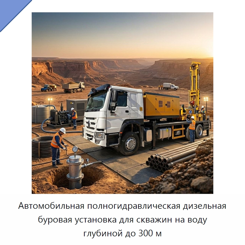 Автомобильная полногидравлическая дизельная буровая установка для скважин на воду глубиной до 300 м