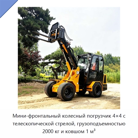 Мини-фронтальный колесный погрузчик 4×4 с телескопической стрелой, грузоподъемностью 2000 кг и ковшом 1 м³