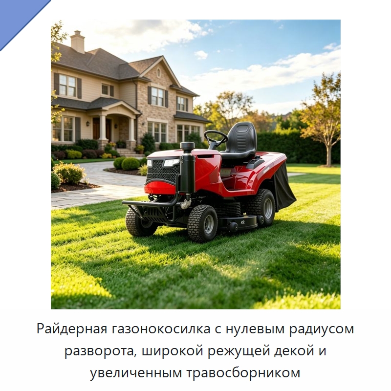 Райдерная газонокосилка с нулевым радиусом разворота, широкой режущей декой и увеличенным травосборником — Прочие садовые инструменты