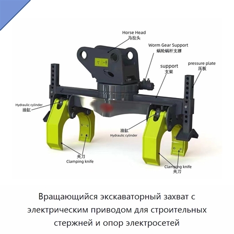 Вращающийся экскаваторный захват с электрическим приводом для строительных стержней и опор электросетей