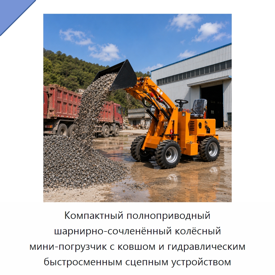 Компактный полноприводный шарнирно-сочленённый колёсный мини-погрузчик с ковшом и гидравлическим быстросменным сцепным устройством — Землеройная техника