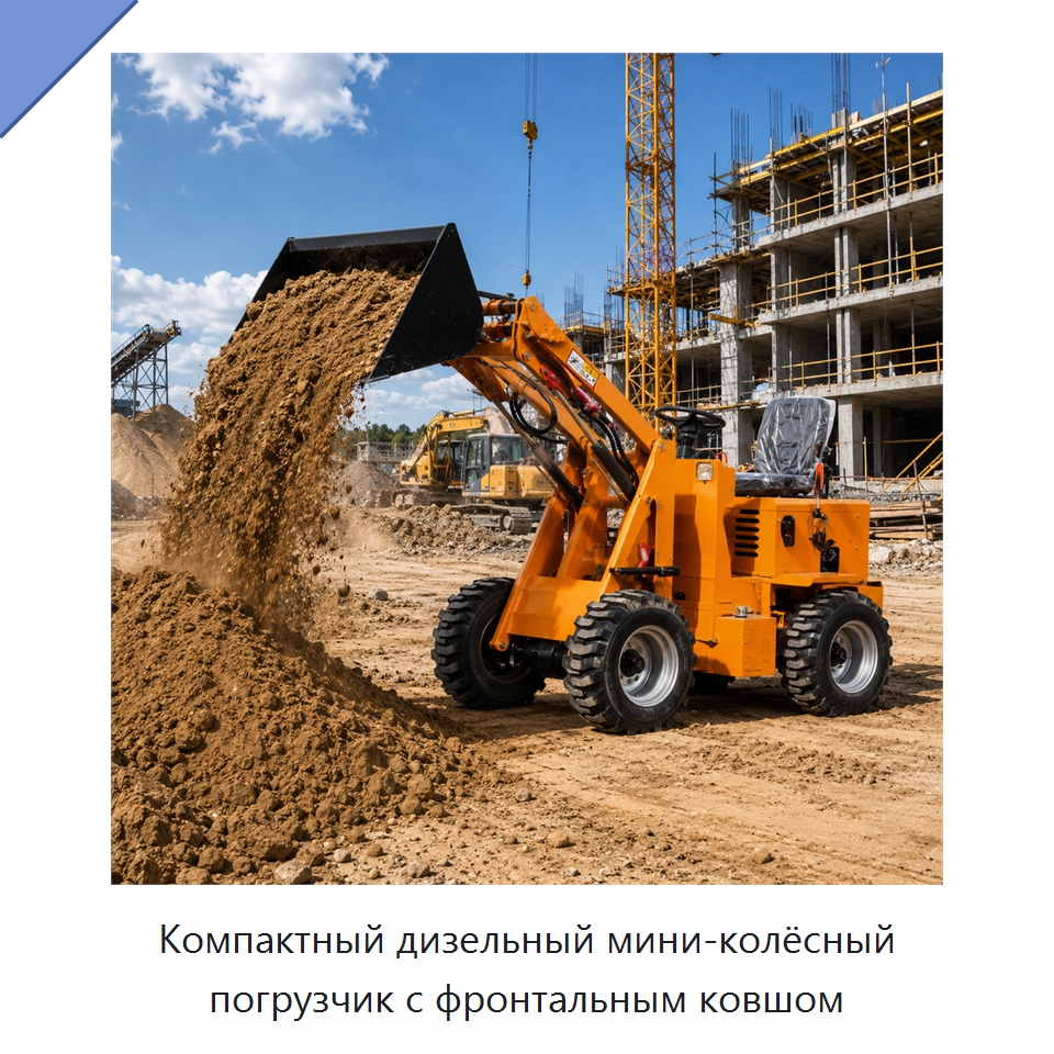 Компактный дизельный мини-колёсный погрузчик с фронтальным ковшом — Землеройная техника