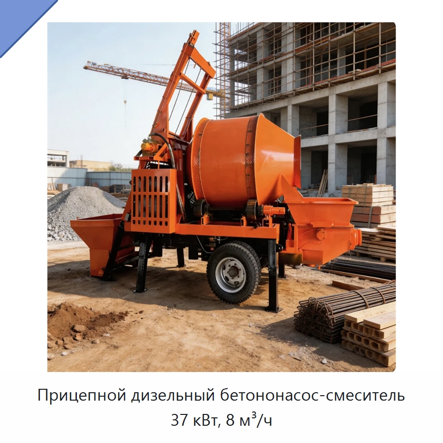 Прицепной дизельный бетононасос-смеситель 37 кВт, 8 м³/ч — Оборудование для работы с бетоном
