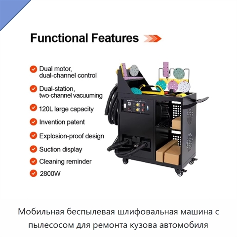 Мобильная беспылевая шлифовальная машина с пылесосом для ремонта кузова автомобиля