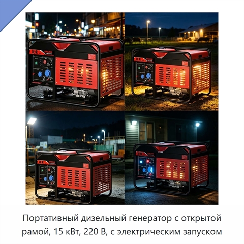 Портативный дизельный генератор с открытой рамой, 15 кВт, 220 В, с электрическим запуском