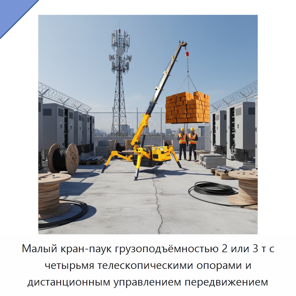 Малый кран-паук грузоподъёмностью 2 или 3 т с четырьмя телескопическими опорами и дистанционным управлением передвижением — Краны