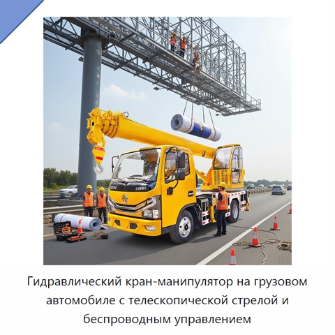 Гидравлический кран-манипулятор на грузовом автомобиле с телескопической стрелой и беспроводным управлением