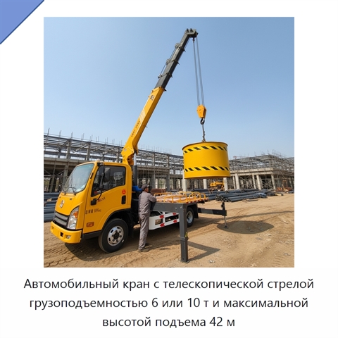 Автомобильный кран с телескопической стрелой грузоподъемностью 6 или 10 т и максимальной высотой подъема 42 м
