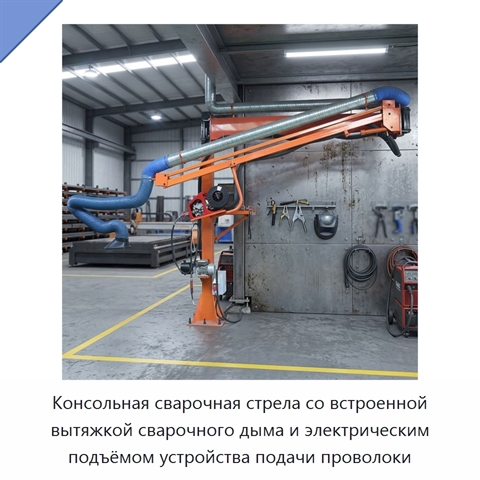 Консольная сварочная стрела со встроенной вытяжкой сварочного дыма и электрическим подъёмом устройства подачи проволоки