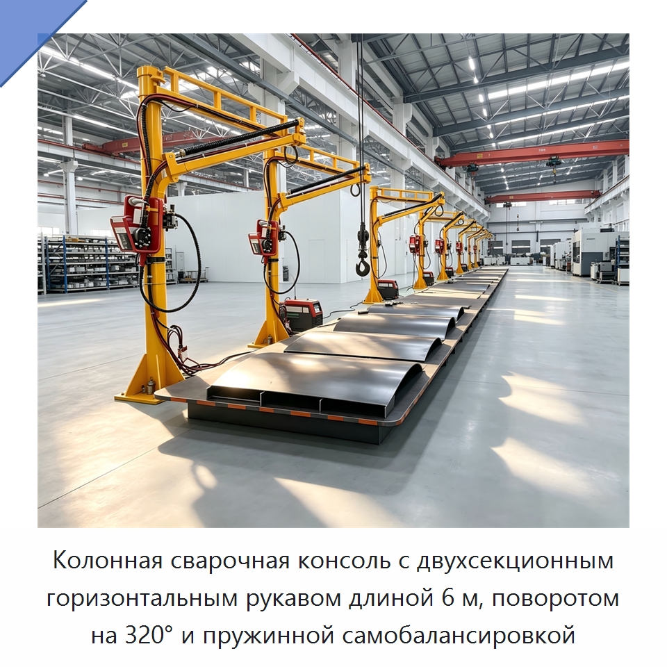 Колонная сварочная консоль с двухсекционным горизонтальным рукавом длиной 6 м, поворотом на 320° и пружинной самобалансировкой — Сварочные принадлежности и вспомогательное оборудование