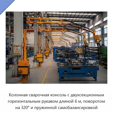 Колонная сварочная консоль с двухсекционным горизонтальным рукавом длиной 6 м, поворотом на 320° и пружинной самобалансировкой