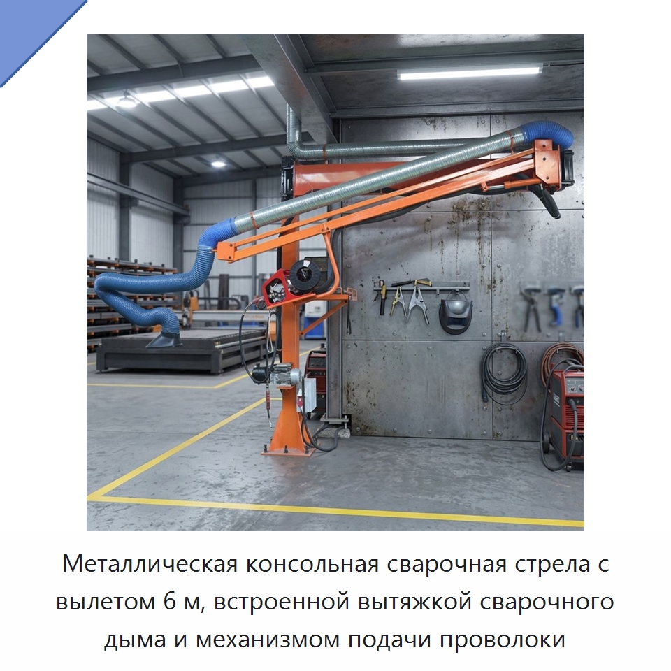 Металлическая консольная сварочная стрела с вылетом 6 м, встроенной вытяжкой сварочного дыма и механизмом подачи проволоки — Сварочные принадлежности и вспомогательное оборудование