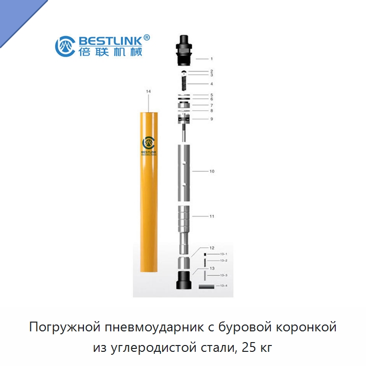 Погружной пневмоударник с буровой коронкой из углеродистой стали, 25 кг