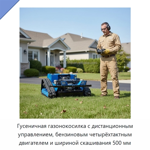 Гусеничная газонокосилка с дистанционным управлением, бензиновым четырёхтактным двигателем и шириной скашивания 500 мм