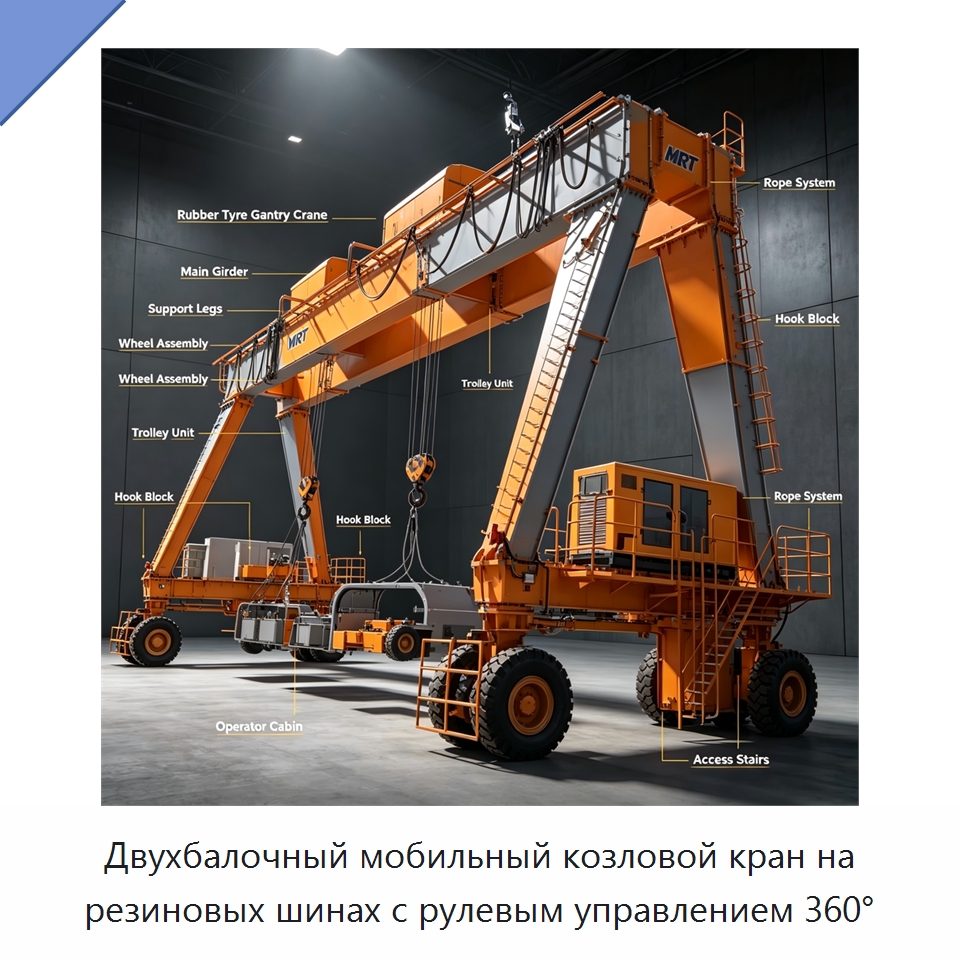 Двухбалочный мобильный козловой кран на резиновых шинах с рулевым управлением 360° — Краны