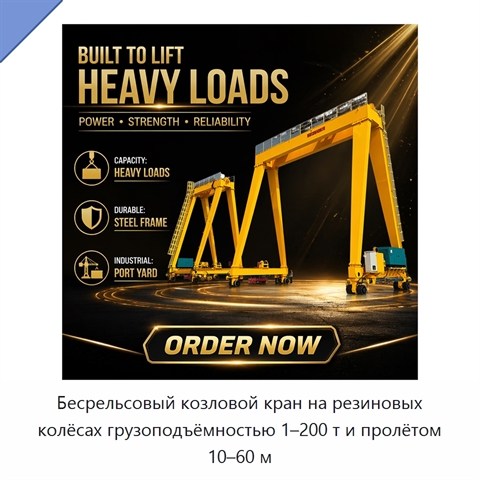 Бесрельсовый козловой кран на резиновых колёсах грузоподъёмностью 1–200 т и пролётом 10–60 м