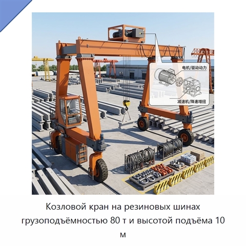 Козловой кран на резиновых шинах грузоподъёмностью 80 т и высотой подъёма 10 м