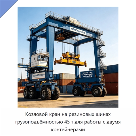 Козловой кран на резиновых шинах грузоподъёмностью 45 т для работы с двумя контейнерами
