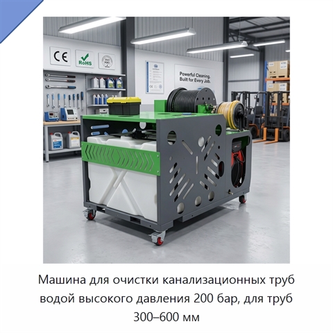 Машина для очистки канализационных труб водой высокого давления 200 бар, для труб 300–600 мм