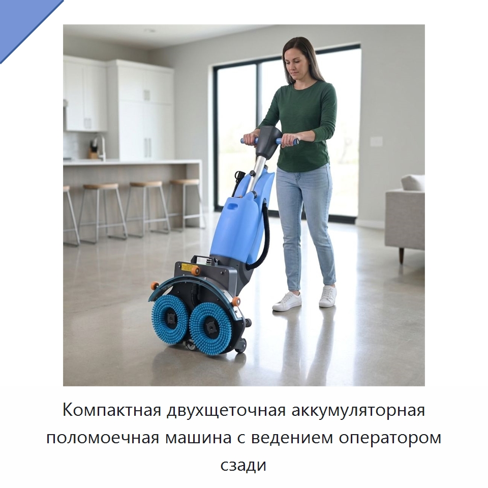 Компактная двухщеточная аккумуляторная поломоечная машина с ведением оператором сзади — Подметальные машины