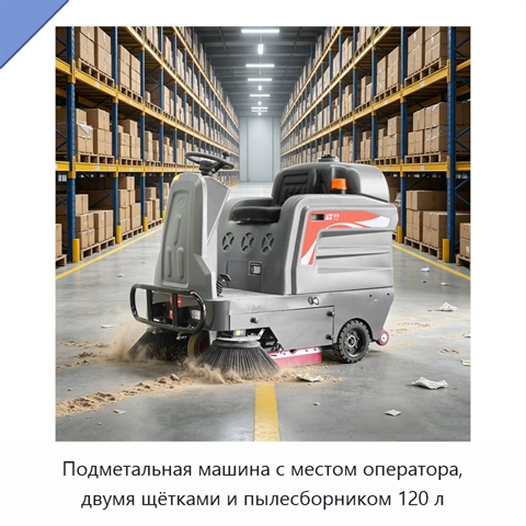 Подметальная машина с местом оператора, двумя щётками и пылесборником 120 л