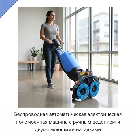 Беспроводная автоматическая электрическая поломоечная машина с ручным ведением и двумя моющими насадками