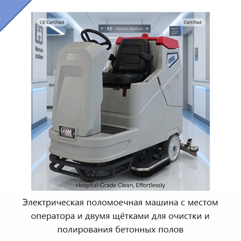 Электрическая поломоечная машина с местом оператора и двумя щётками для очистки и полирования бетонных полов
