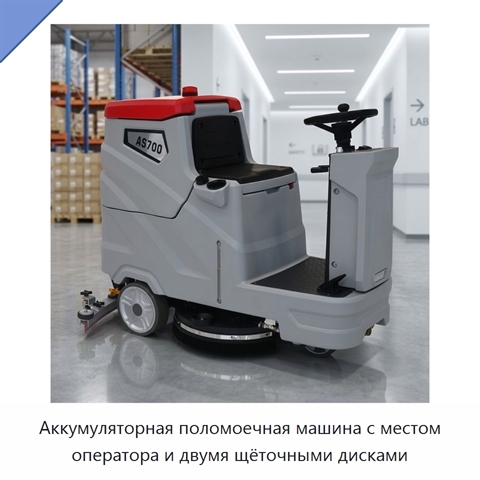 Аккумуляторная поломоечная машина с местом оператора и двумя щёточными дисками