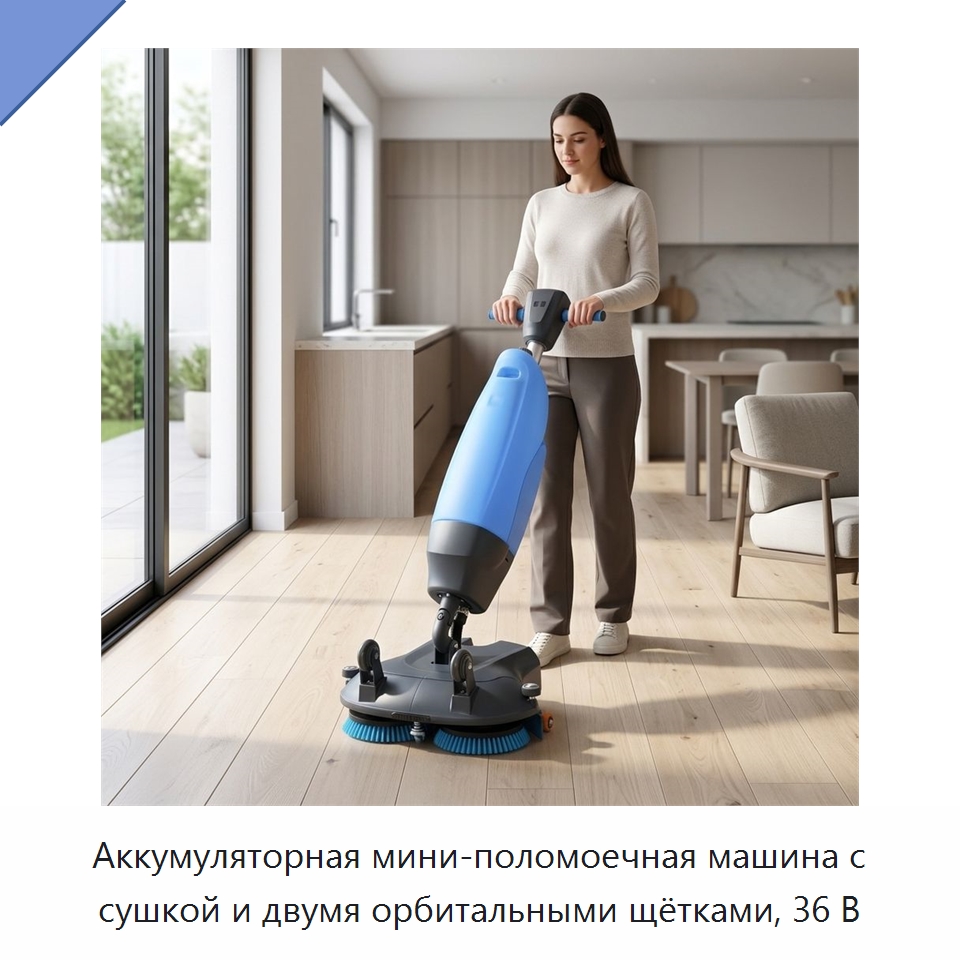 Аккумуляторная мини-поломоечная машина с сушкой и двумя орбитальными щётками, 36 В — Подметальные машины
