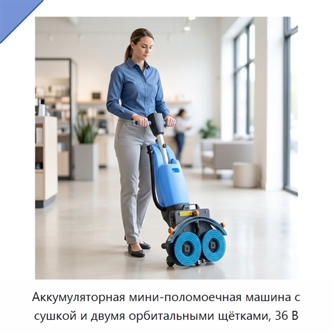Аккумуляторная мини-поломоечная машина с сушкой и двумя орбитальными щётками, 36 В