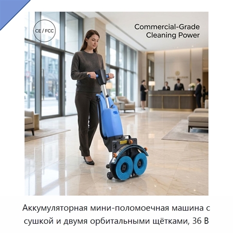 Аккумуляторная мини-поломоечная машина с сушкой и двумя орбитальными щётками, 36 В