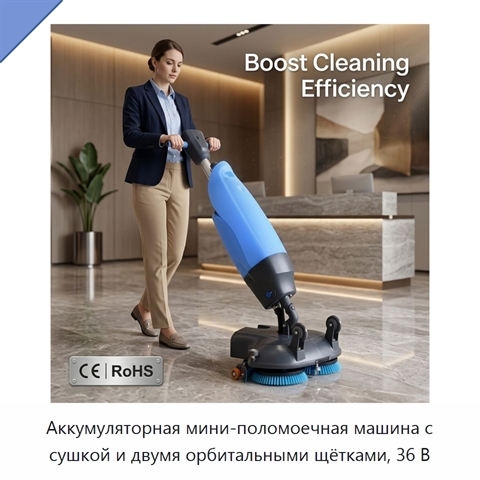 Аккумуляторная мини-поломоечная машина с сушкой и двумя орбитальными щётками, 36 В