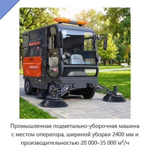 Промышленная подметально-уборочная машина с местом оператора, шириной уборки 2400 мм и производительностью 20 000–35 000 м²/ч