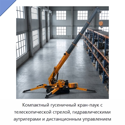 Компактный гусеничный кран-паук с телескопической стрелой, гидравлическими аутригерами и дистанционным управлением