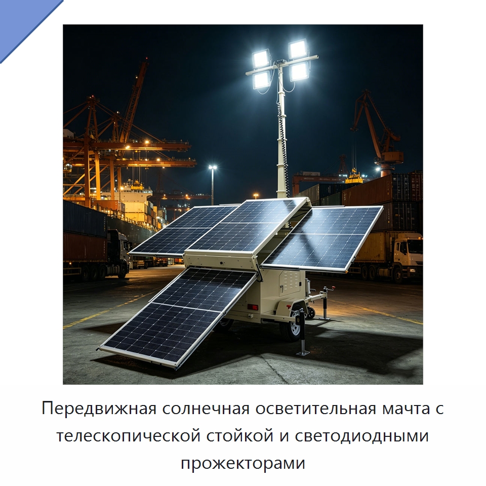 Передвижная солнечная осветительная мачта с телескопической стойкой и светодиодными прожекторами — Осветительные мачты