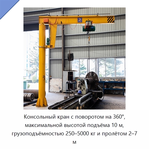 Консольный кран с поворотом на 360°, максимальной высотой подъёма 10 м, грузоподъёмностью 250–5000 кг и пролётом 2–7 м