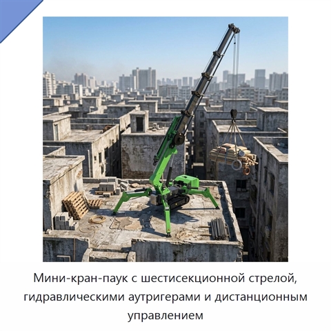 Мини-кран-паук с шестисекционной стрелой, гидравлическими аутригерами и дистанционным управлением