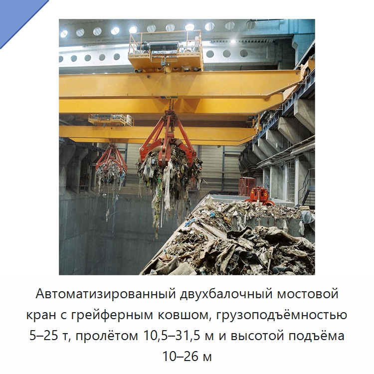 Автоматизированный двухбалочный мостовой кран с грейферным ковшом, грузоподъёмностью 5–25 т, пролётом 10,5–31,5 м и высотой подъёма 10–26 м — Краны