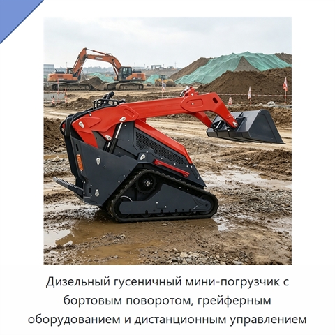 Дизельный гусеничный мини-погрузчик с бортовым поворотом, грейферным оборудованием и дистанционным управлением