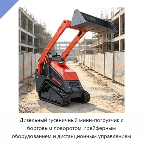 Дизельный гусеничный мини-погрузчик с бортовым поворотом, грейферным оборудованием и дистанционным управлением