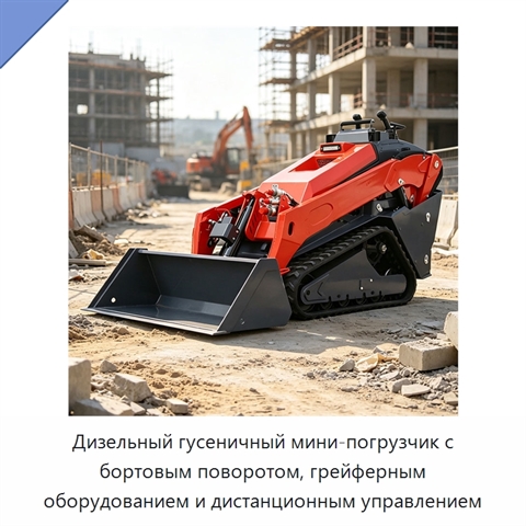 Дизельный гусеничный мини-погрузчик с бортовым поворотом, грейферным оборудованием и дистанционным управлением