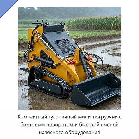 Компактный гусеничный мини-погрузчик с бортовым поворотом и быстрой сменой навесного оборудования