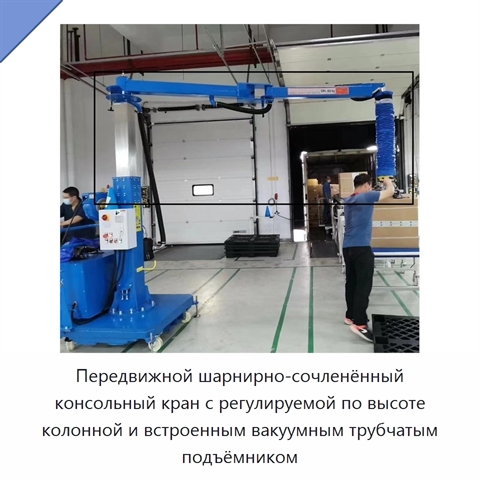 Передвижной шарнирно-сочленённый консольный кран с регулируемой по высоте колонной и встроенным вакуумным трубчатым подъёмником