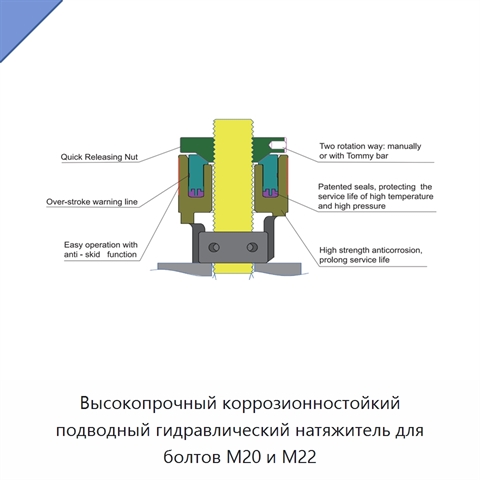 Высокопрочный коррозионностойкий подводный гидравлический натяжитель для болтов M20 и M22
