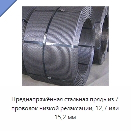 Преднапряжённая стальная прядь из 7 проволок низкой релаксации, 12,7 или 15,2 мм